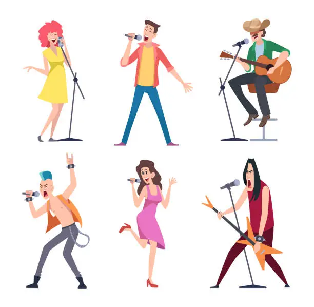 Vector illustration of Singers. Active perform people musicians with microphone exact vector singers in action poses cartoon people