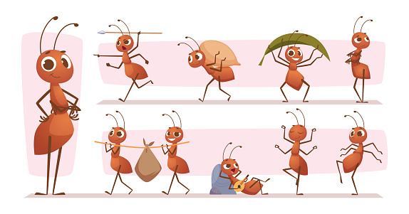 Cartoon ants. Mascot bugs running jumping standing exact vector ants in action poses. Illustration of animal ant and bug cartoon, character cute and funny