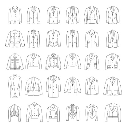 Man jackets. Outerwear clothes fashioned hood long sleeves with pockets recent vector jackets in linear style for textile design projects. Illustration of sketch coat long sleeve, technical drawing