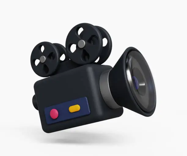 3D videocamera icon. Movie camera. Video memory. Movie camera with with lens and video reel. 3d illustration