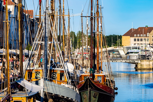 August, 2022. Helsinki, Finland. A group of recreational boats at front of one of the hundreads Helsinki islands.