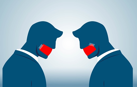 Ineffective communication, forbidden speech, two businessmen facing each other with their mouths glued with transparent tape