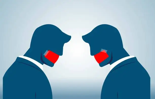 Vector illustration of Ineffective communication, forbidden speech, two businessmen facing each other with their mouths glued with transparent tape