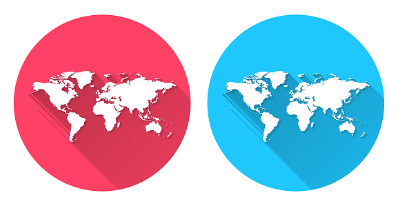 istock World map. Round icon with long shadow on red or blue background 1777768151