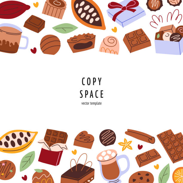 Greeting card for birthday, Christmas or Valentines banner, chocolates, candies and desserts composition, square template with copy space Greeting card for birthday, Christmas or Valentines banner, chocolates, candies and desserts composition, square template with copy space, vector arrangement with cocoa, truffles, poster graphic design christmas menu template clip art stock illustrations