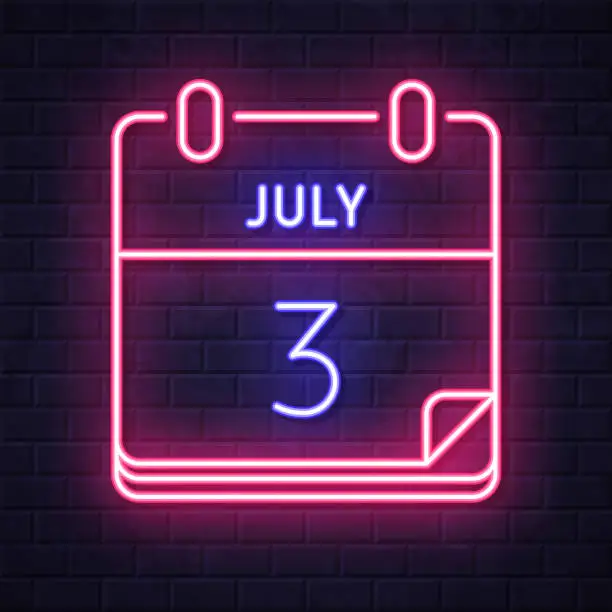 Vector illustration of July 3. Glowing neon icon on brick wall background