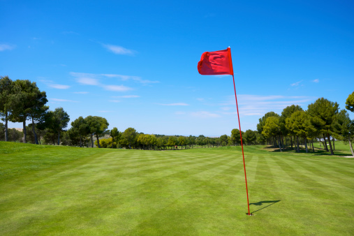 Female golf player on a golf course. About 25 years old, Caucasian brunette.