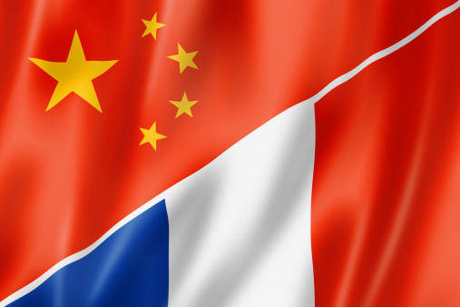 Mixed China and France flag, three dimensional render, illustration