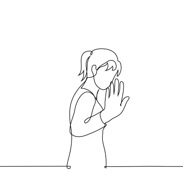 Vector illustration of woman leaves waving hand - one line art vector. concept saying goodbye while leaving, stop gesture