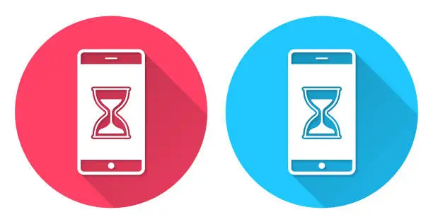 Vector illustration of Smartphone with hourglass. Round icon with long shadow on red or blue background
