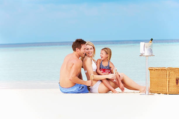 семья на пляже с роскошью шампанское пикник - male swimwear cooler 20s стоковые фото и изображения