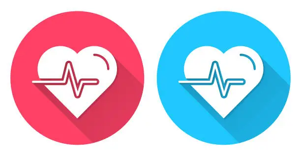 Vector illustration of Heartbeat - Heart pulse. Round icon with long shadow on red or blue background