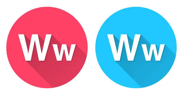 Vector illustration of Letter W - Uppercase and lowercase. Round icon with long shadow on red or blue background