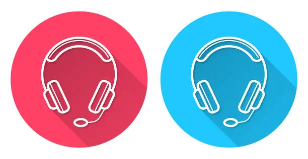 Vector illustration of Headset. Round icon with long shadow on red or blue background