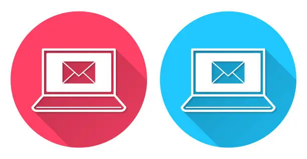 Vector illustration of Laptop with email message. Round icon with long shadow on red or blue background