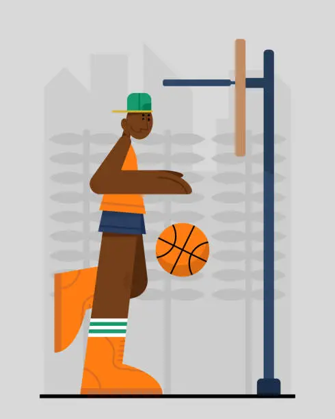 Vector illustration of American man playing with ball outside. People engaged in basketball