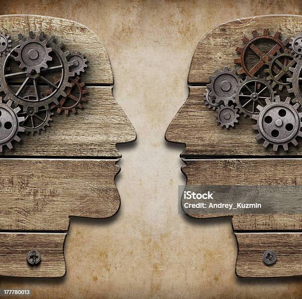 Two Human Head Silhouettes With Cogs And Gears Stock Photo - Download Image Now - Gear - Mechanism, Human Brain, Contemplation