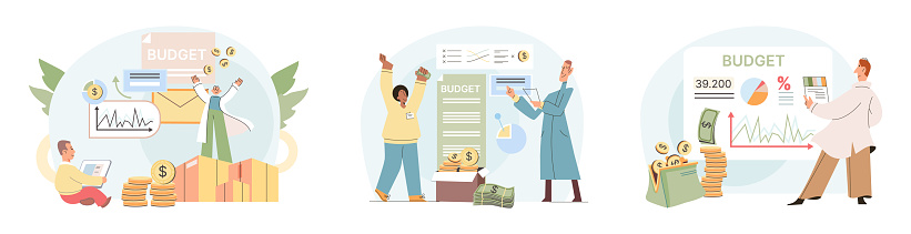 People analysis budget. Calculate financial plan of save income and expense management. Family budget, expenditure. Concept of budget, finance control, date, finance, personal budget, family money