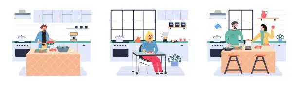 Vector illustration of People cooking vegetarian food. Vector illustration. Man woman dining, eat food and bake. Happy culinary