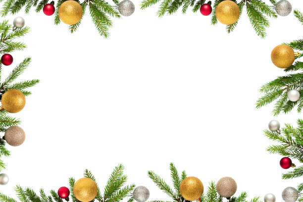 istock Christmas tree branches with red, gold and silver balls frame isolated on white background 1777805191