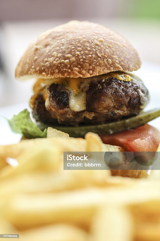 Zbliżenie burgera i frytek - Zbiór zdjęć royalty-free (Bar szybkiej obsługi)