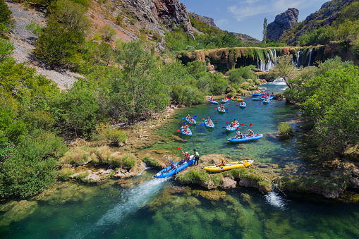 Aerial view of whitewater kayaking on the Zrmanja River, Croatia