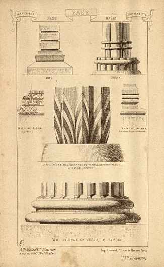 Vintage illustration of column base, pedestal, Indian, Chinese, Jerusalem, Egyptian, History of architecture and design, art, Victorian, 19th Century