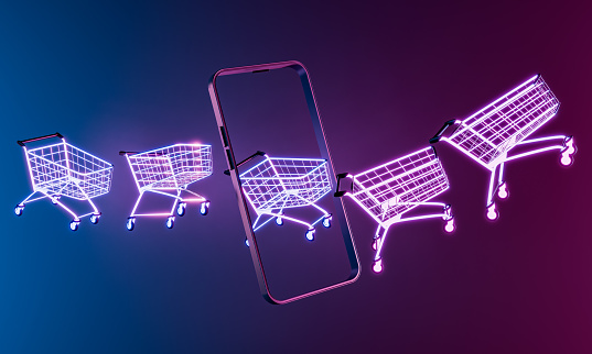 Shopping carts with a neon outline exiting a smartphone screen, symbolizing e-commerce and online shopping trends. 3D Rendering.