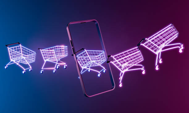 Neon Shopping Carts and Smartphone Shopping carts with a neon outline exiting a smartphone screen, symbolizing e-commerce and online shopping trends. 3D Rendering. cart stock pictures, royalty-free photos & images