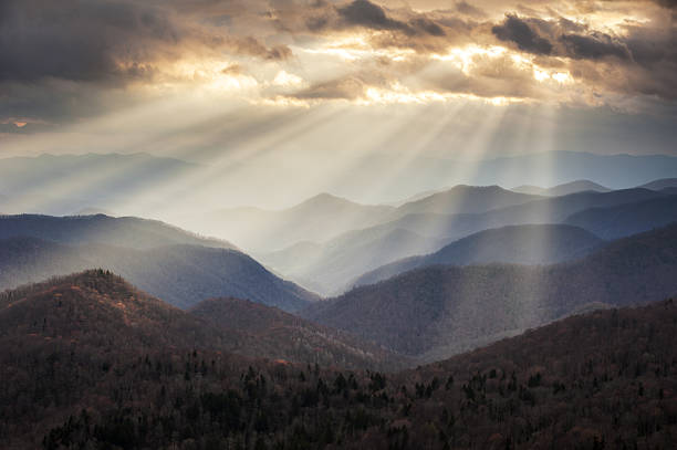 Appalachian Mountains Crepuscular Light Rays on Blue Ridge Parkway Ridges stock photo