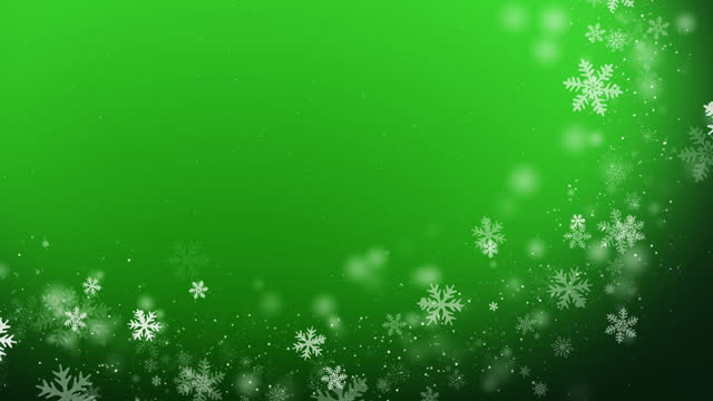 Festive New Year green background with curved frame of white flying snowflakes. Looped Christmas animation.