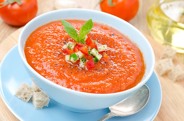 istock cold tomato soup gazpacho with basil and croutons 177783448