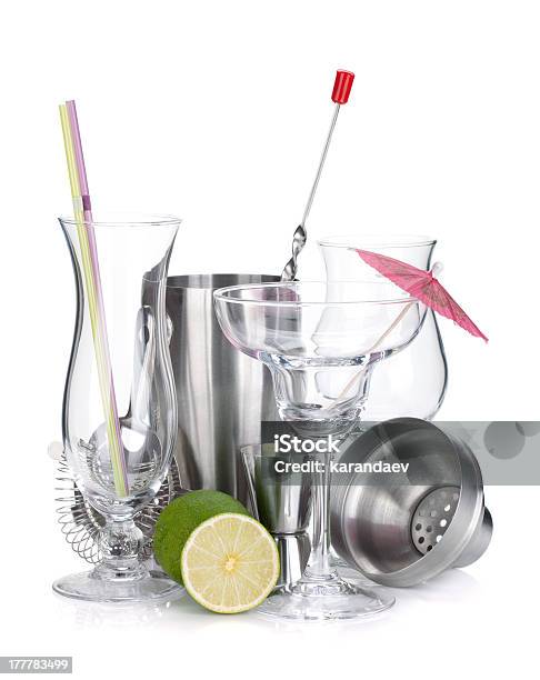 Cocktail Shakers Glasses Utensils And Lime Stock Photo - Download Image Now - Cocktail Shaker, White Background, Alcohol - Drink