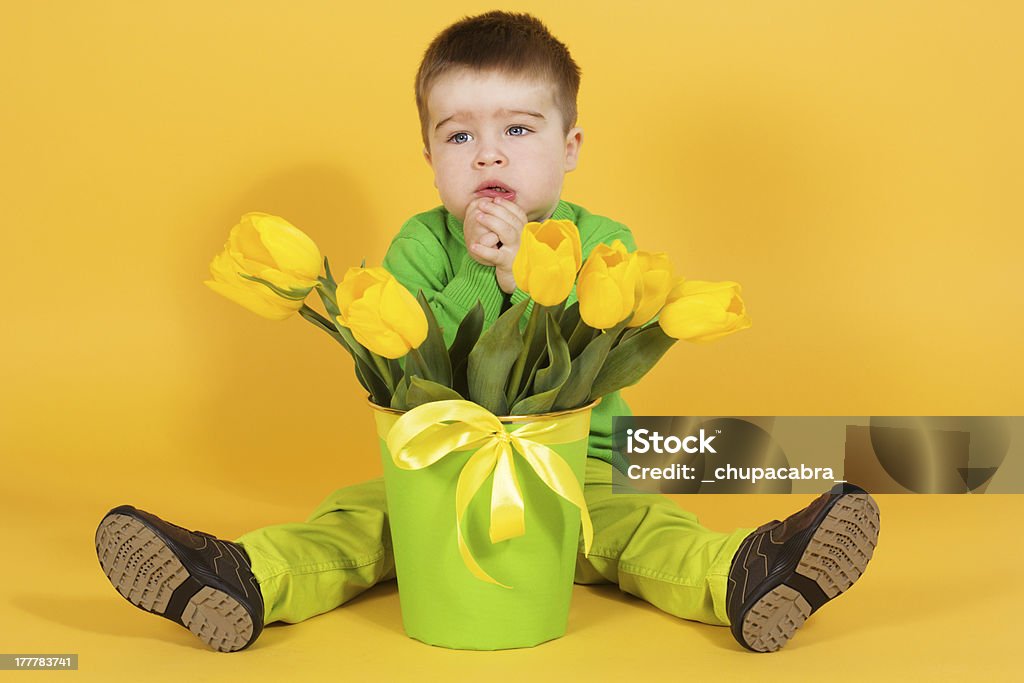 Ragazzo con bouquet di tulipani gialli - Foto stock royalty-free di 18-23 mesi