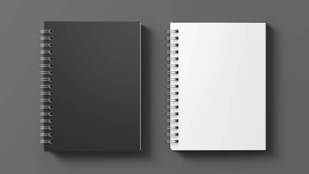 Notebook mockup. Closed and open blank notebook with black cover. Spiral notepad on gray background