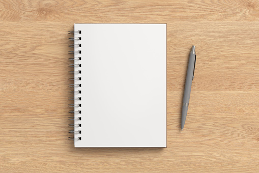 Notebook mockup. Opened blank notebook and pen. Spiral notepad on wooden background. 3d illustration