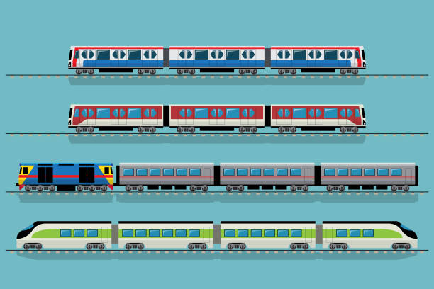 various types of train, side view isolated. VECTOR EPS10 - various types of trian, side view isolated. train air conditioner stock illustrations