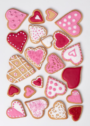 Red and pink heart cookies on a white background