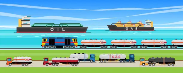 Vector illustration of oil logistic vehicle in country.