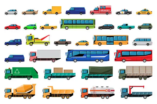 Vector illustration of various types of vehicles, car, pickup truck, van, bus, truck, trailer, side view isolated