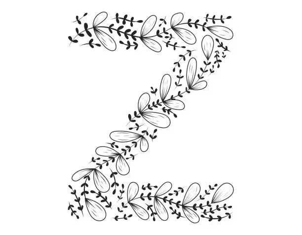 Vector illustration of Botanical black and white doodle illustration. Capital letter Z of the Latin alphabet, decorated with branches and leaves.