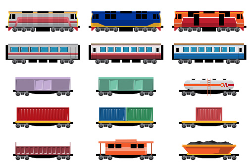 VECTOR EPS10 - various types of locomotive and wagon, side view isolated on white background.