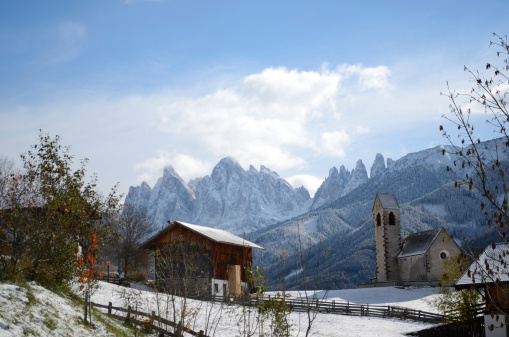 The mountain village and church of St. Jakob (San Giacomo) near St. Magdalena (Santa Maddalena) in the Villnosstal (Val di Funes) in South Tyrol in Italy in winter with in the background the Geisler (Odle) dolomites group.See more