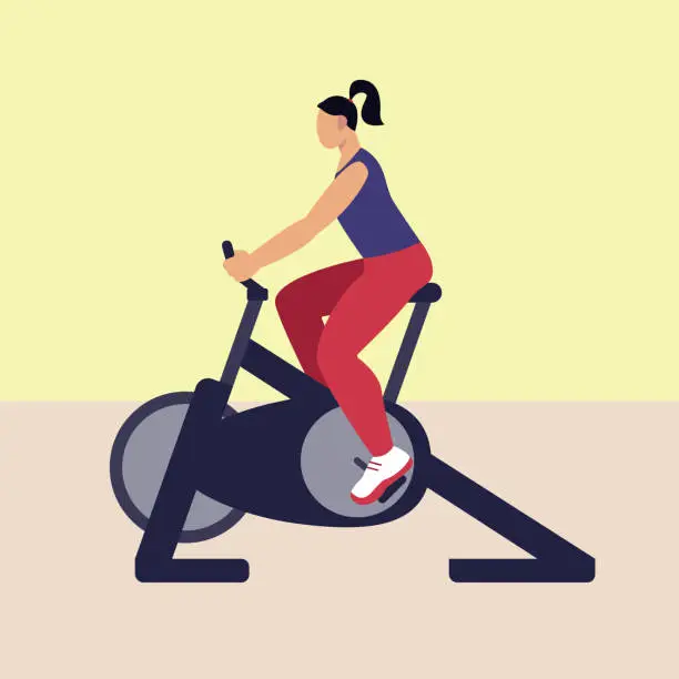 Vector illustration of Adult woman training on exercise bike. Time for cardio exercises in gym