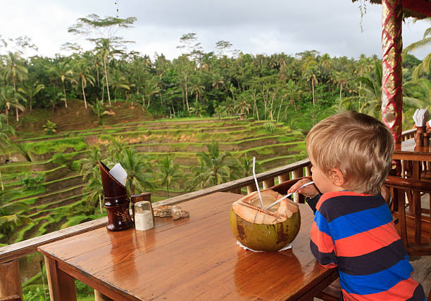 little boy looking at rice fields