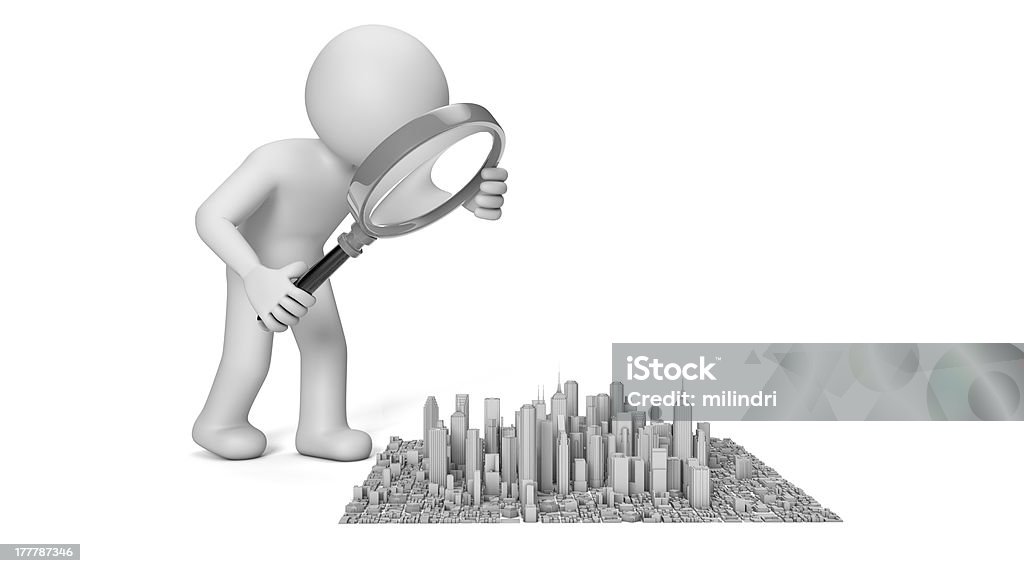 mock-up city render of a man with a magnifying glass looking to a city Adult Stock Photo