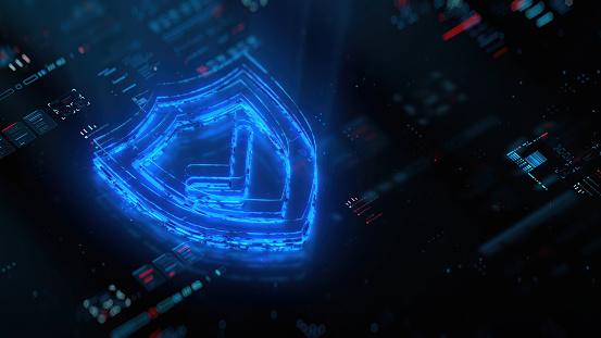 Digital shield icon hologram on future tech background. Security and safety Evolution. Futuristic shield icon in world of technological progress and innovation. CGI 3D render