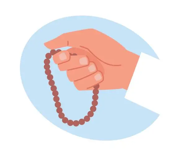Vector illustration of Hand holding Muslim wooden Holy rosary or buddhist mala, praying people. Islam religion symbol. Religion sign. Prayer beads. Element for meditation. Cartoon flat isolated vector concept