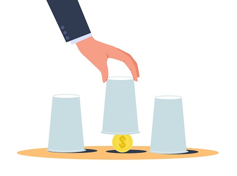 Winning guessing game, hand raises glass with money underneath. Investor predict successful, coin profit. Cartoon flat style isolated illustration. Vector gambling risk, chance and fortune concept