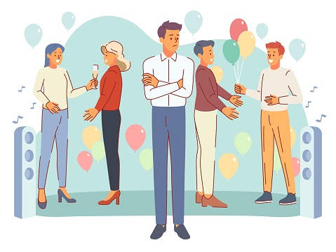 Extravert party with introvert. Isolation, loneliness in people group, friends communicate, self contained guy stands apart, cartoon flat style isolated vector introversion and extraversion concept